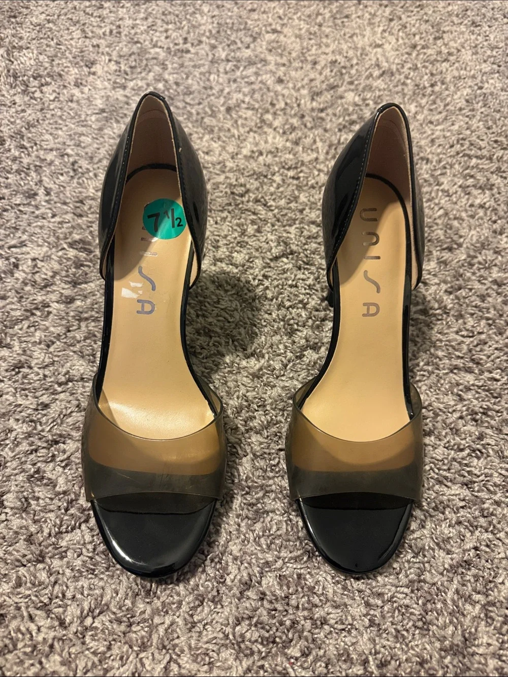 Unisa Black Patent D'Orsay Heels with Smoky Transparent Band